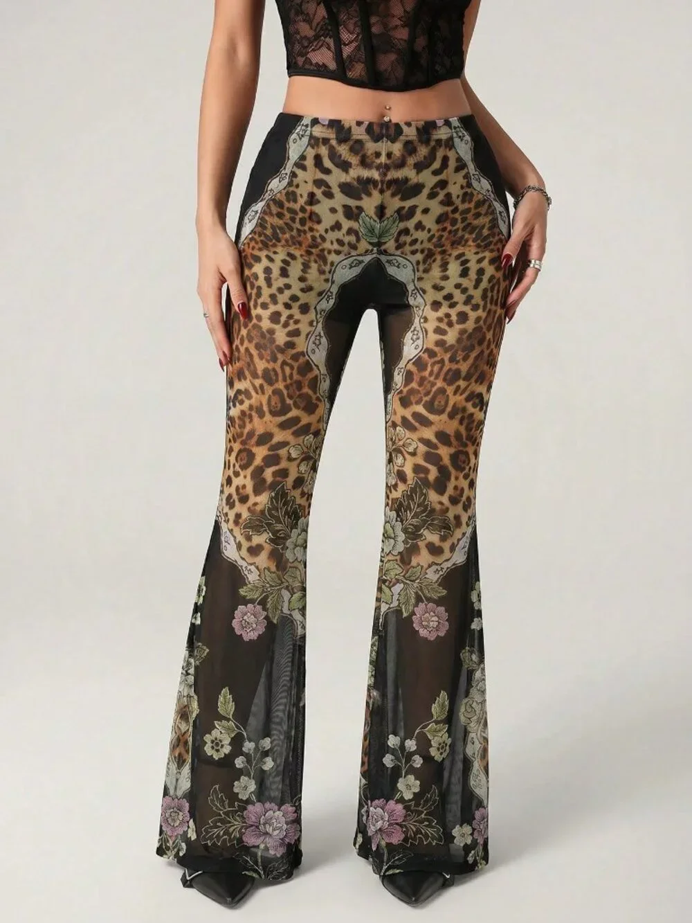 Brown Casual Women's Leopard Print Flared Leg Pants